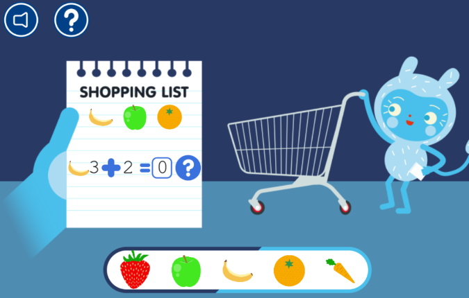 okido character with shopping cart and a shopping list with a sum to solve